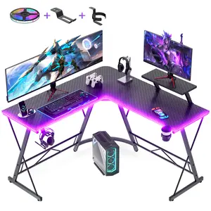 Mr IRONSTONE L Shaped Gaming Desk with Led Lights Corner Computer Desk,L shaped desk, Home Office Desks Writing Workstation with Large Monitor Stand, Easy to Assemble, Carbon Fiber Surface,51 Inch, BlackFriday, CyberMonday