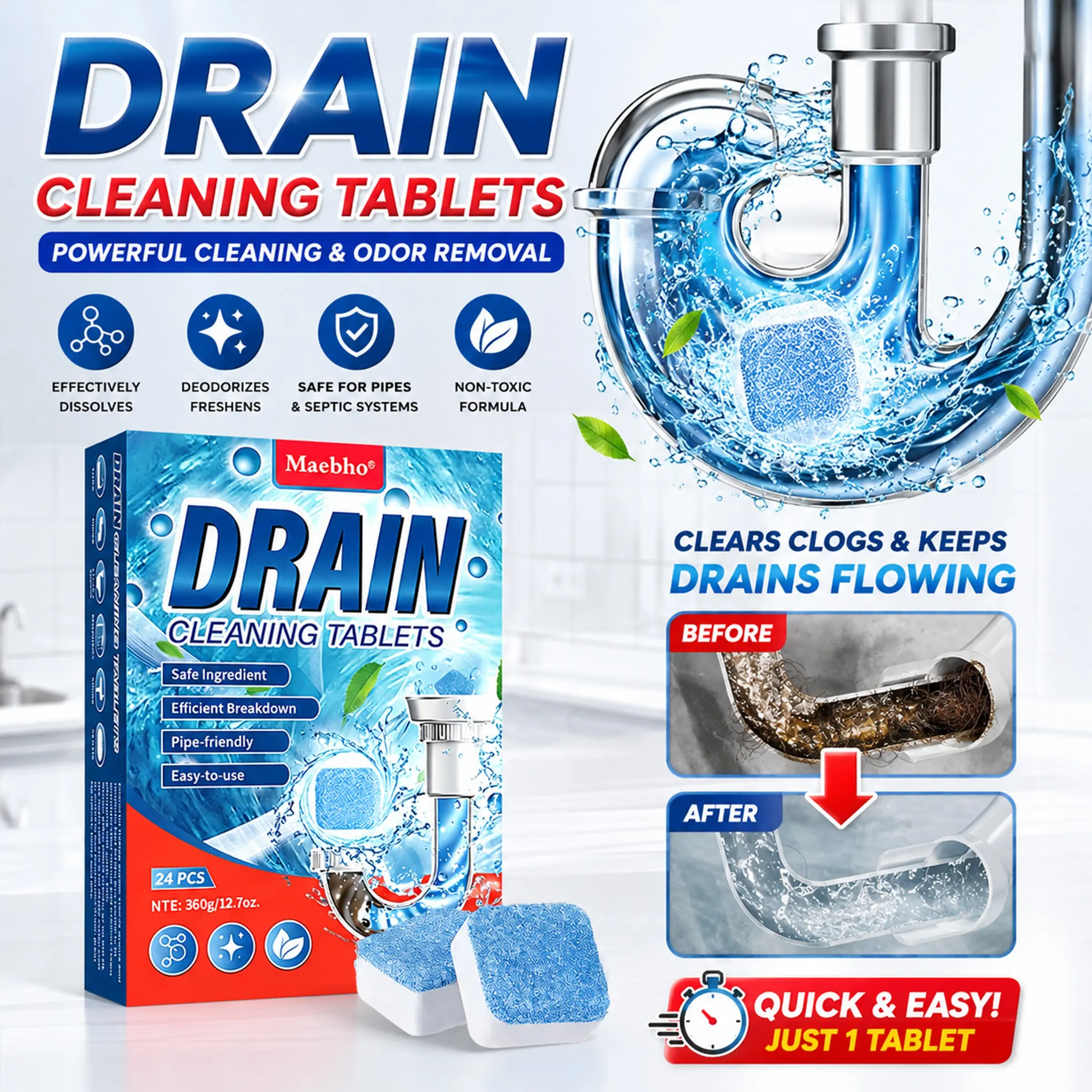 Extra strong drain cleaning tablets, Drain Unclogger, Clog Remover, Household Drain Cleaner. Quickly unclog pipes, sinks, bathrooms, and kitchens. Powerful enzyme formula kills 99% of bacteria. Anti Clogging Deodorizing, Eliminate odors. 24-pack