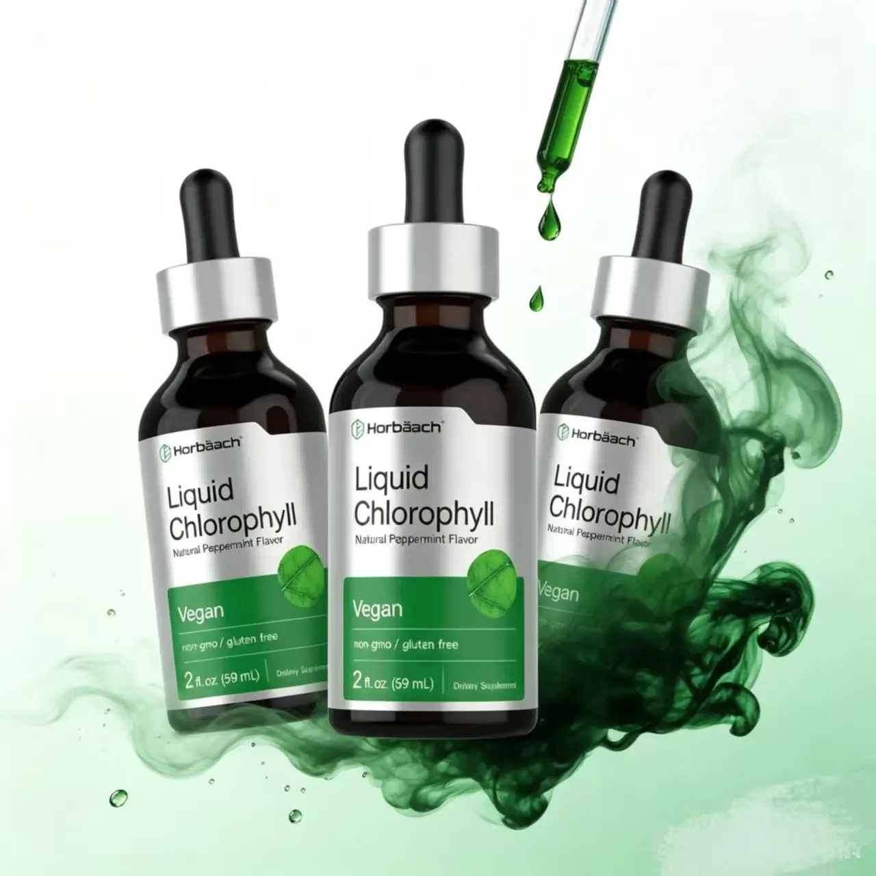 Horbäach Liquid Chlorophyll Drops - 2 oz - Vegan, Non-GMO, and Gluten Free Formula - Natural Peppermint Flavor