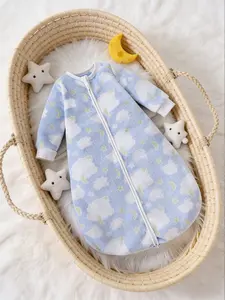 Cloud Star Moon Random Print Blue Long Sleeve Fleece Sleep Bag 1.5tog Fall Winter, Dual Zipper Design, Baby Photography Use