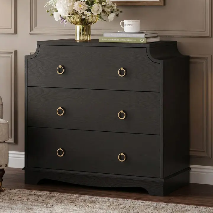 Sikaic Vintage Nightstand with Large Drawers & Anti-Tip Device, Bedside Table with Metal Knobs for Bedroom,  Black, Home Furniture, Dorm Essentials [tiktokshopbacktoschool]