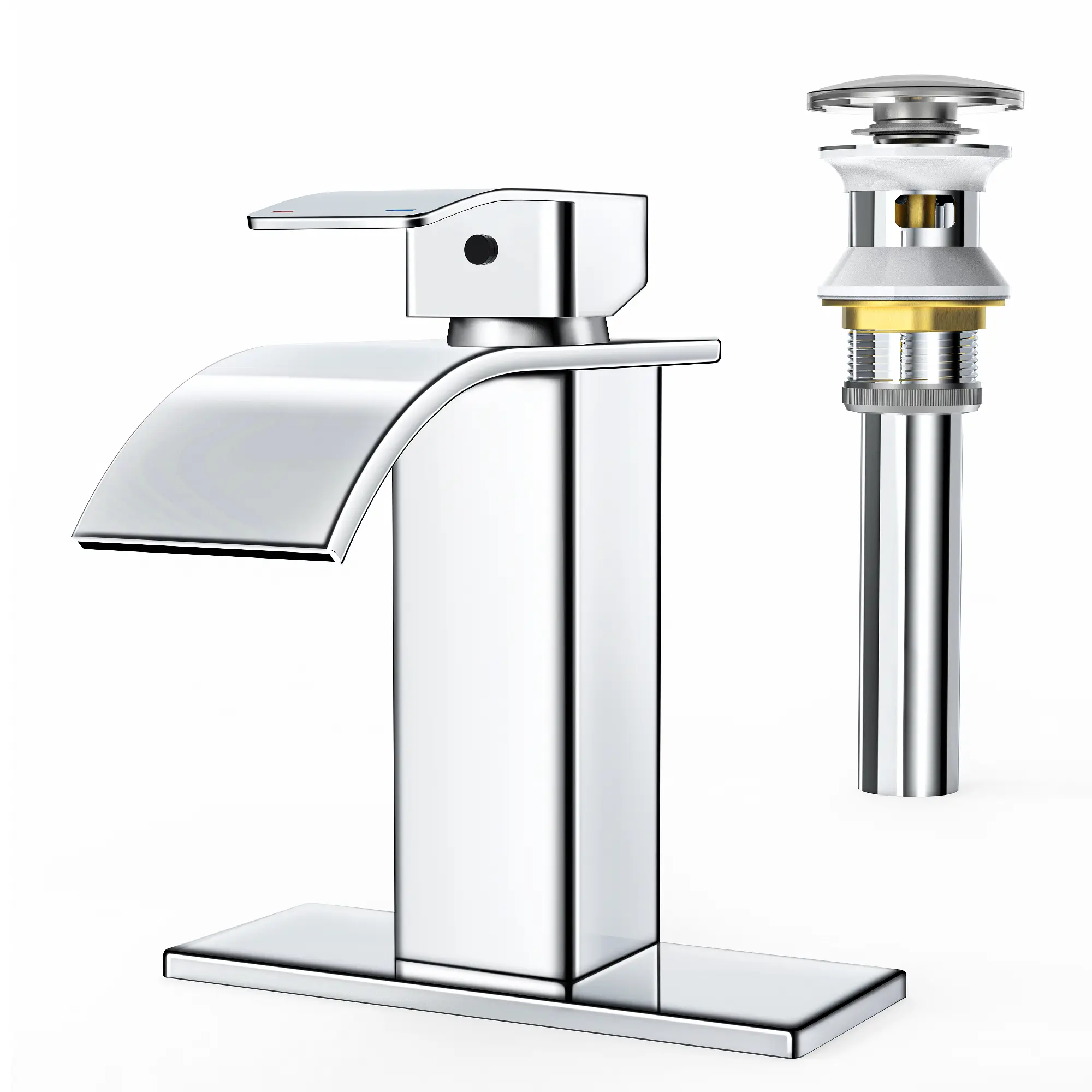 RUACQ Waterfall Bathroom Faucet,Single Handle Bathroom Sink Faucet for 1 or 3 Hole, Stainless Steel Washbasin Mixer Tap with Deck,Pop-up Drain and Supply Hoses (Chrome)