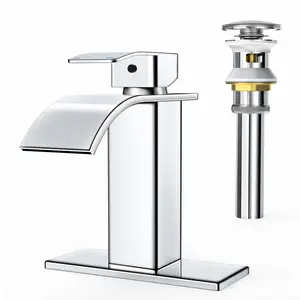 RUACQ Waterfall Bathroom Faucet,Single Handle Bathroom Sink Faucet for 1 or 3 Hole, Stainless Steel Washbasin Mixer Tap with Deck,Pop-up Drain and Supply Hoses (Chrome)