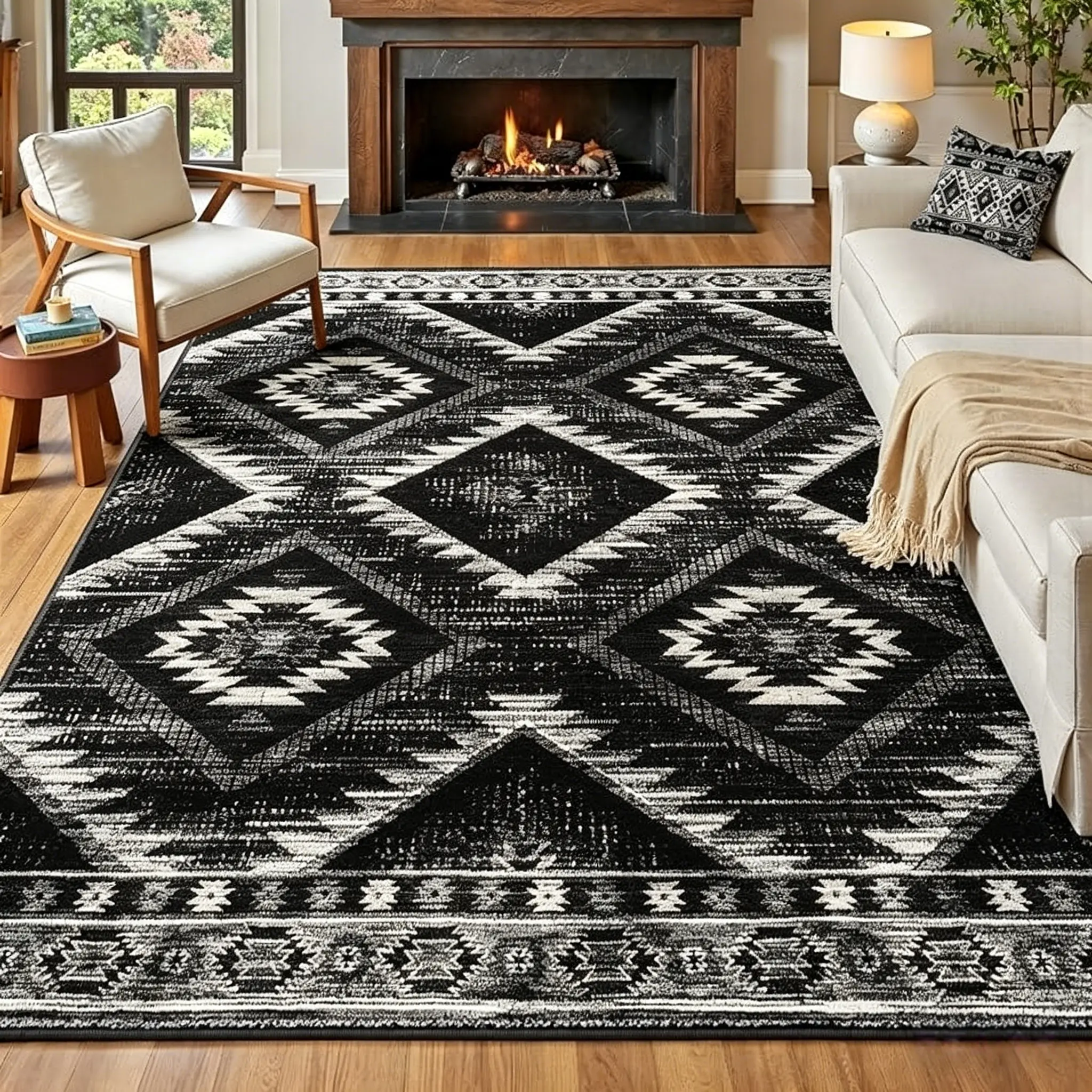 Western Area Rug Machine Washable Non-Slip Low Pile Print for Living Room Bedroom Entryway Tribal Series -Black Low Pile Rugs