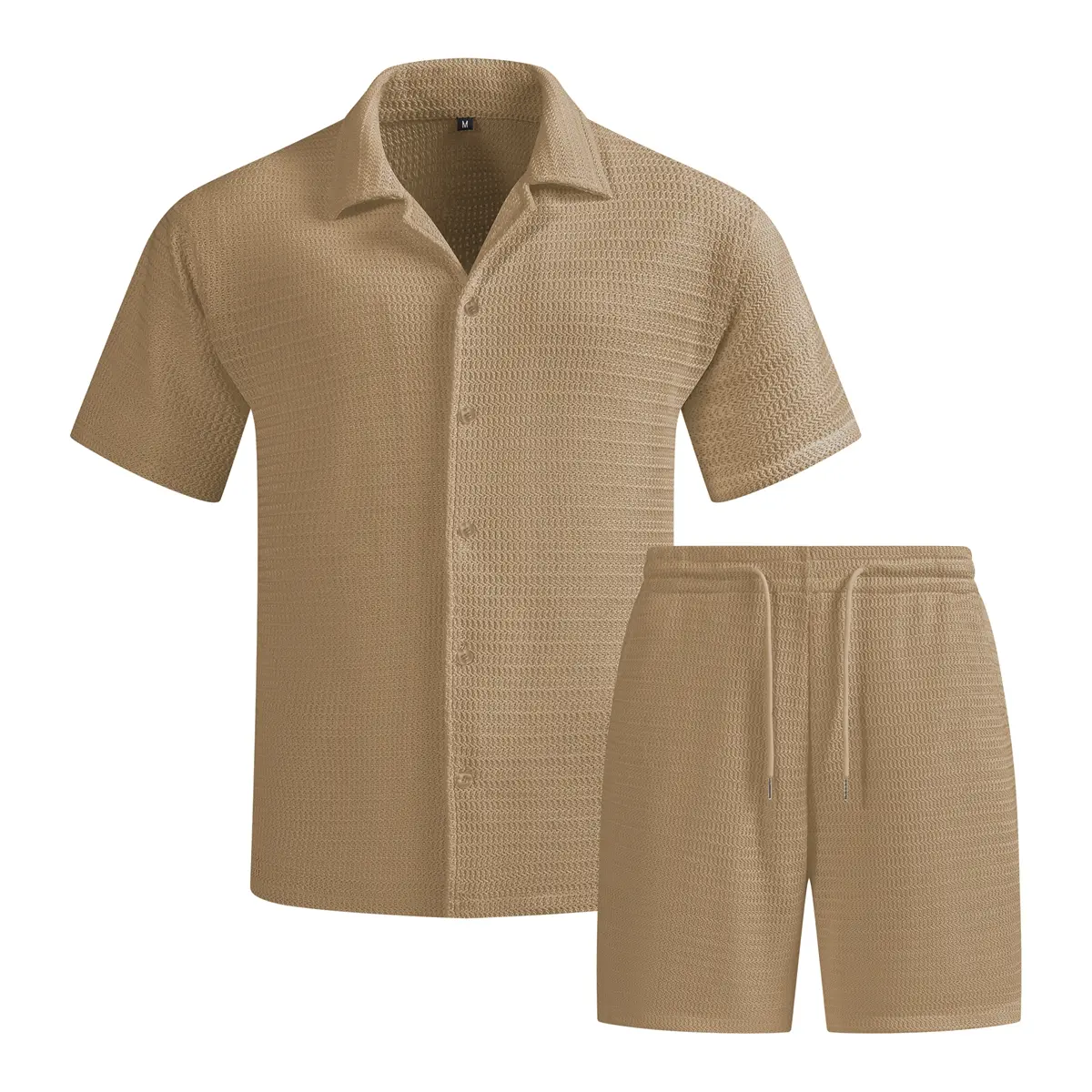 Men's 2-Piece Minimalist Plain Knitted Set - Collared Short-Sleeve Button-Up Shirt, Drawstring Shorts, Lightweight Breathable Summer Preppy Basics, Polyester, Holiday Wear, Normal Type, Cold & Machine Washable