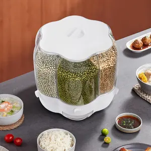 Grain Dispenser, 360° Rotating 6 Grid Food Storage Container with Lid, Automatic Rice Bucket, Kitchen Storage Bin for Beans, Corns, Wheat, Oatmeal Utensils Smooth White