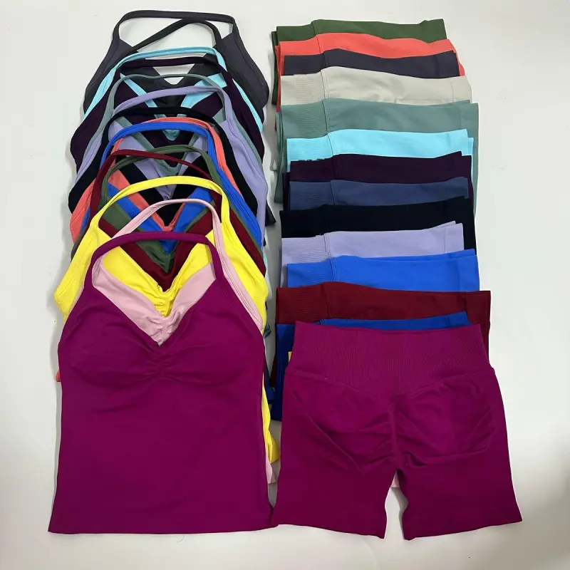 Women's Yoga Set - 2 Pieces Seamless Longline Strappy Tank Top & Scrunch Sports Shorts - Acrylic Nylon Blend - True to Size - Gym & Summer Workout Outfit - Athleisure Wear Women's Yoga Set - 2 Pieces Seamless Longline Strappy Tank Top & Scrunch Sports Shorts - Acrylic Nylon Blend - True to Size - Gym & Summer Workout Outfit - Athleisure Wear