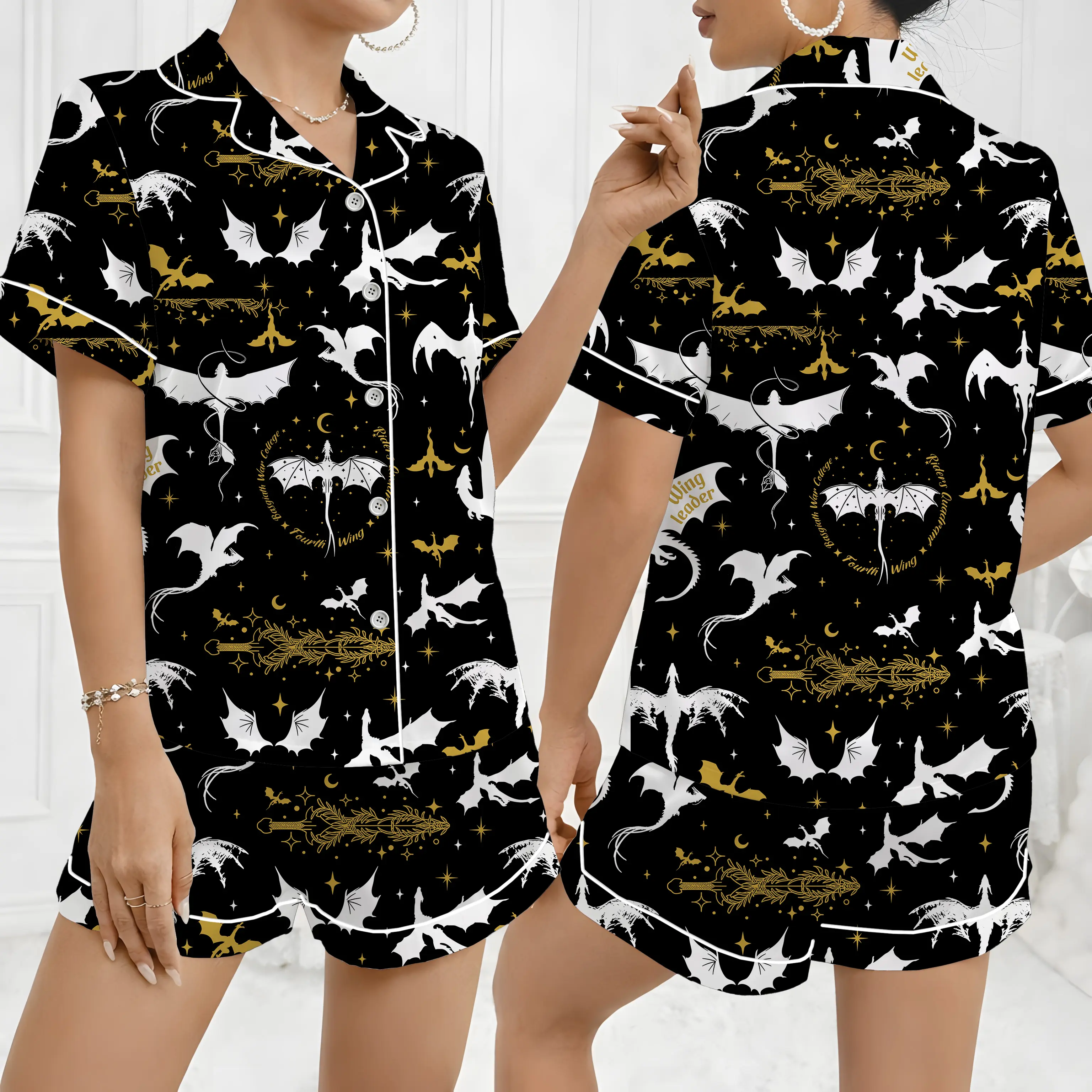 Women's Silky Satin 4-Wing Dragon Print Pajama & Loungewear Set - Short-Sleeve Bookish Reading Sleepwear with Pocket, Adjustable Elastic Drawstring Pants, Breathable Fabric, Elegant Christmas Winter Santa Gift for Her