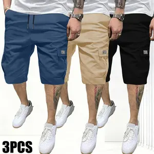 Men's 3-Piece Plain Menswear Cargo Shorts Set - Relaxed Fit, Multi-Pockets, Mid-Rise, Breathable, Comfortable, Durable Polyester Fabric for Summer Everyday Wear