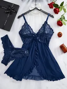 Women's Lace Halter Nightdress & Thong Set, Comfortable and Sexy Lingerie for All Seasons, Fashionable Women's Sleepwear & Loungewear