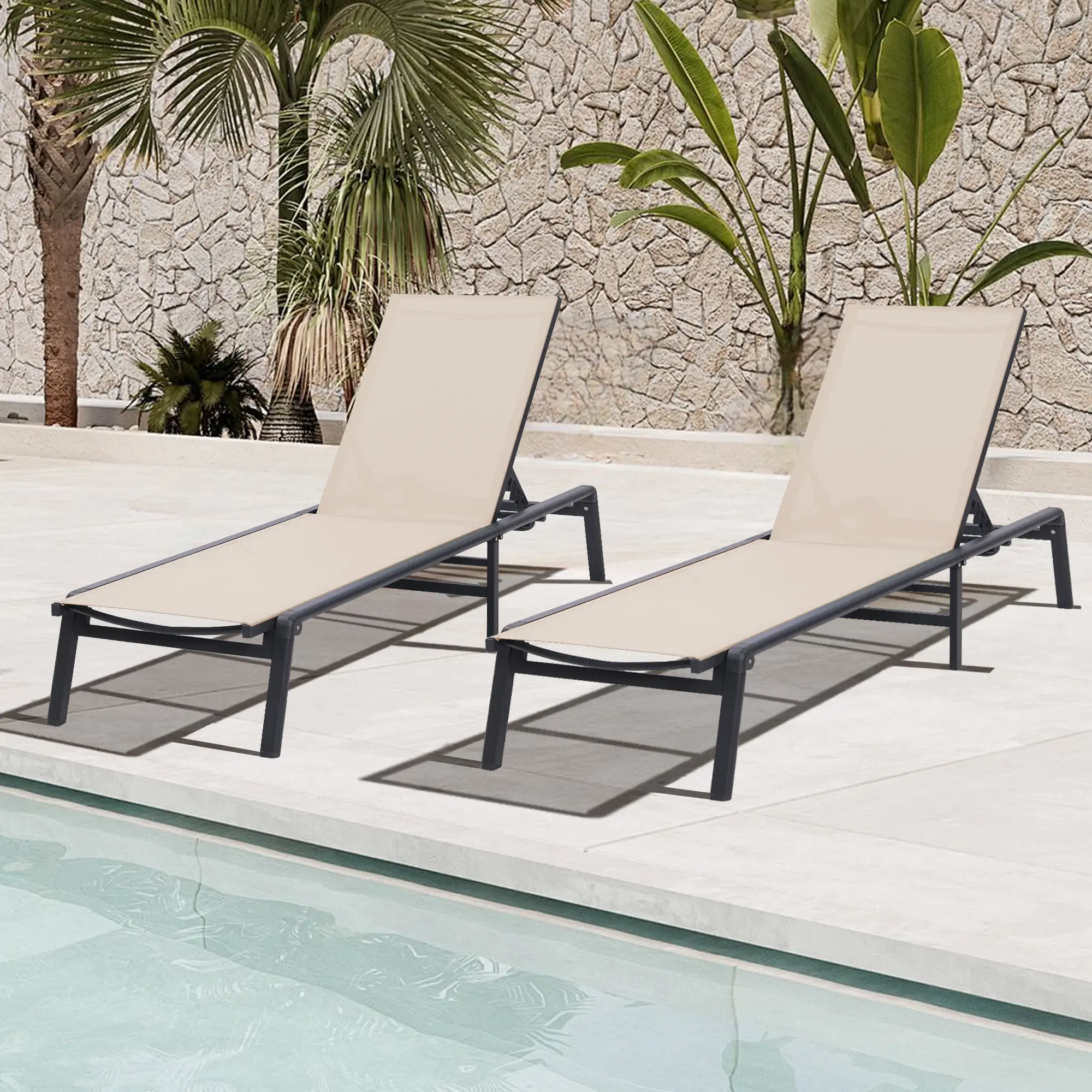 Outdoor Aluminum Chaise Lounge Chairs Set of 2 Foldable 5 Position Adjustable Lightweight Pool Beach Recliners Beige Metal tiktokshopspringglowup,summerwins,outdoorfurnitureset homeessentials