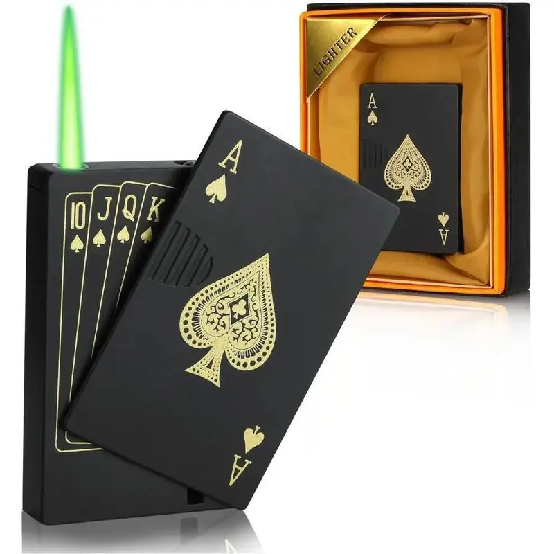 [No Fuell Included] Green Flame Ace Lighter, Red Flame Love Lighter, Jet Light, Rechargeable Butane Lighter, Fan Ace Cool Lighter Windproof Design, Metal Material, Suitable for Outdoor, Indoor, BBQ, Candles, Unisex Gifts (Butane Gas Free), Battery Free