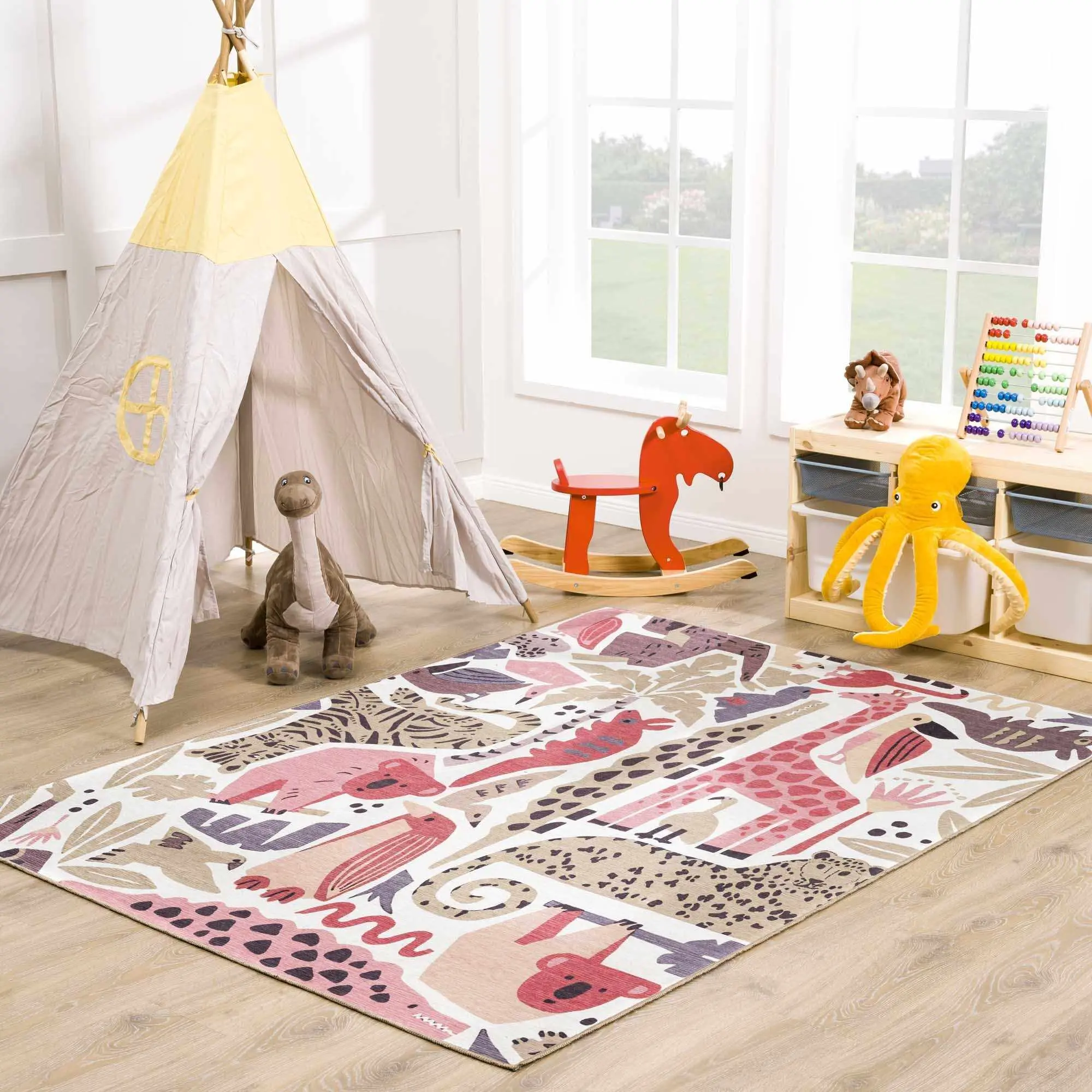 Kids' Natal Animal Print Nursery Rug, Machine Washable Floor Rug for Home Use, Machine Washable Rug