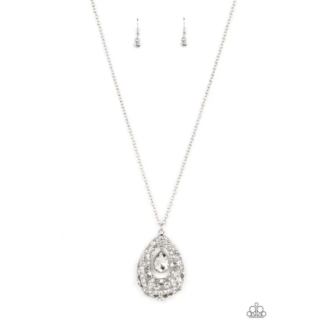 Paparazzi Glitz and GLOW - White Teardrop Gem Necklace & Earrings Set Adjustable Clasp Closure Sparkling Rhinestones