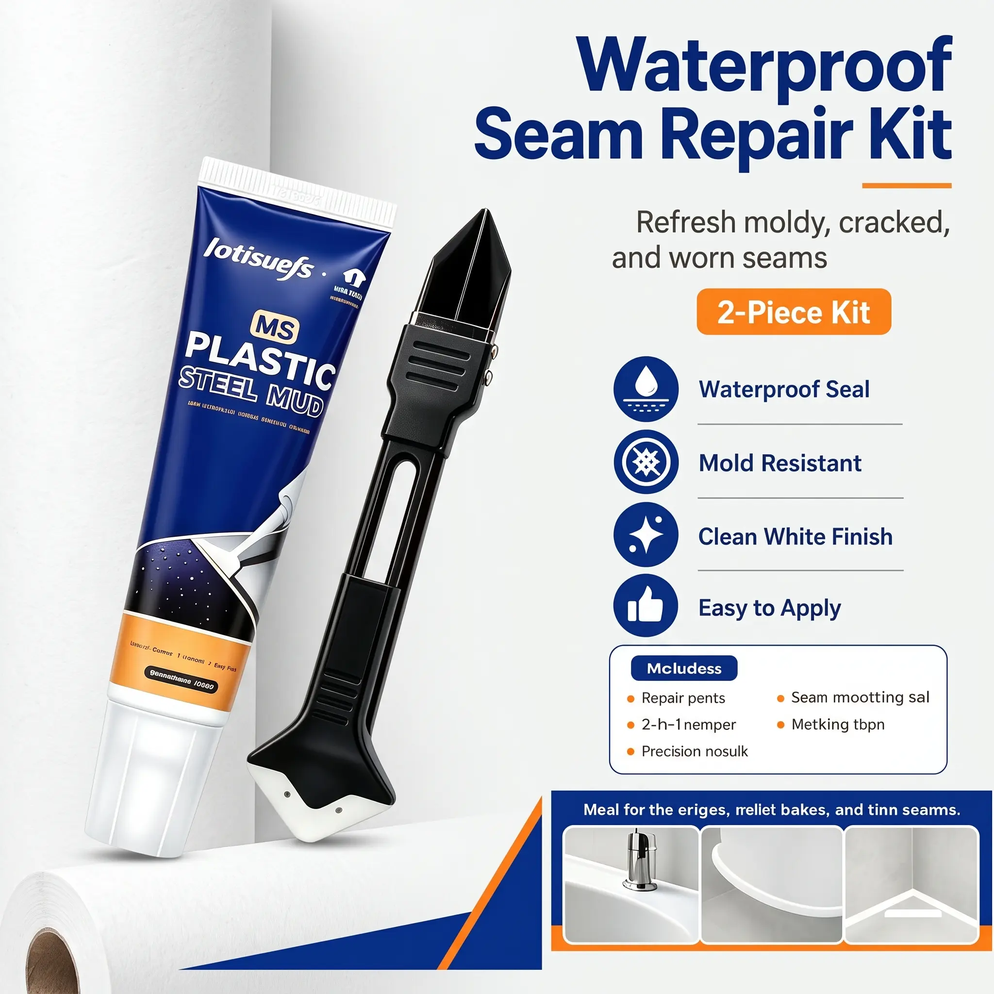 Home Improvement 2-Piece Waterproof Repair Kit - Clean White Paste Caulk, 2-in-1 Scraper, Strong Adhesive Gapfiller Grout Sealer, Mold-Resist Leak-Proof Sealant for Bathtubs, Countertops, Indoor Use