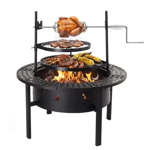33-Inch Outdoor Fire Pit with 2 Grills, Wood-Burning Firepit with Swivel Cooking Grate, Removable Double-Sided Foldable Grill for Backyard Patio BBQ Camping Gear, Fire Pit Outdoor