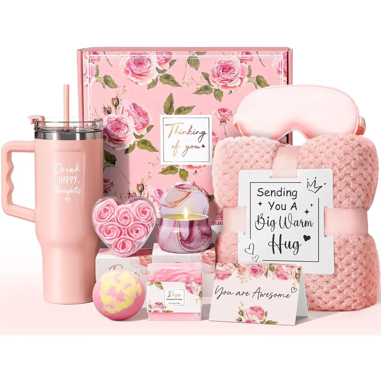 Birthday Gifts for Women Self Care Gifts Get Well Soon Gifts, Rose Relaxing  Gifts Basket Care Package w/ Luxury Flannel Blanket 40 oz Tumbler, Valentines Day Gifts for Her Wife Mom Friends Sister