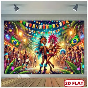 1pc 2D Flat Vibrant Brazilian Carnival Celebration Tapestry - Polyester Party Backdrop with Colorful Dancers and Festive Decorations, for Photo Booths, Classroom and Office Celebrations, Festive Wall