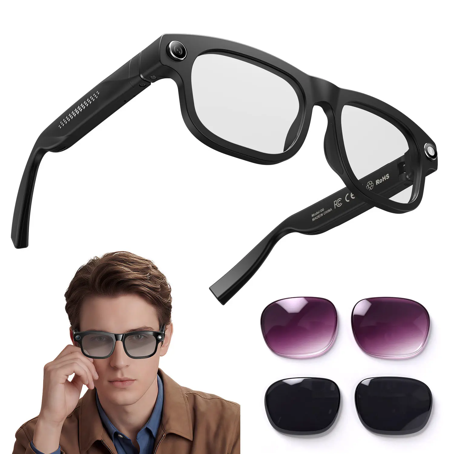 Smart AI Glasses with 8MP HD Camera, 164 Languages Interpretation, Wireless Bluetooth Video Recording Camera Glasses, Interchangeable Sunglasses Lenses UV Sun Protection for Riding,Driving,Travel,Outdoor Adventures