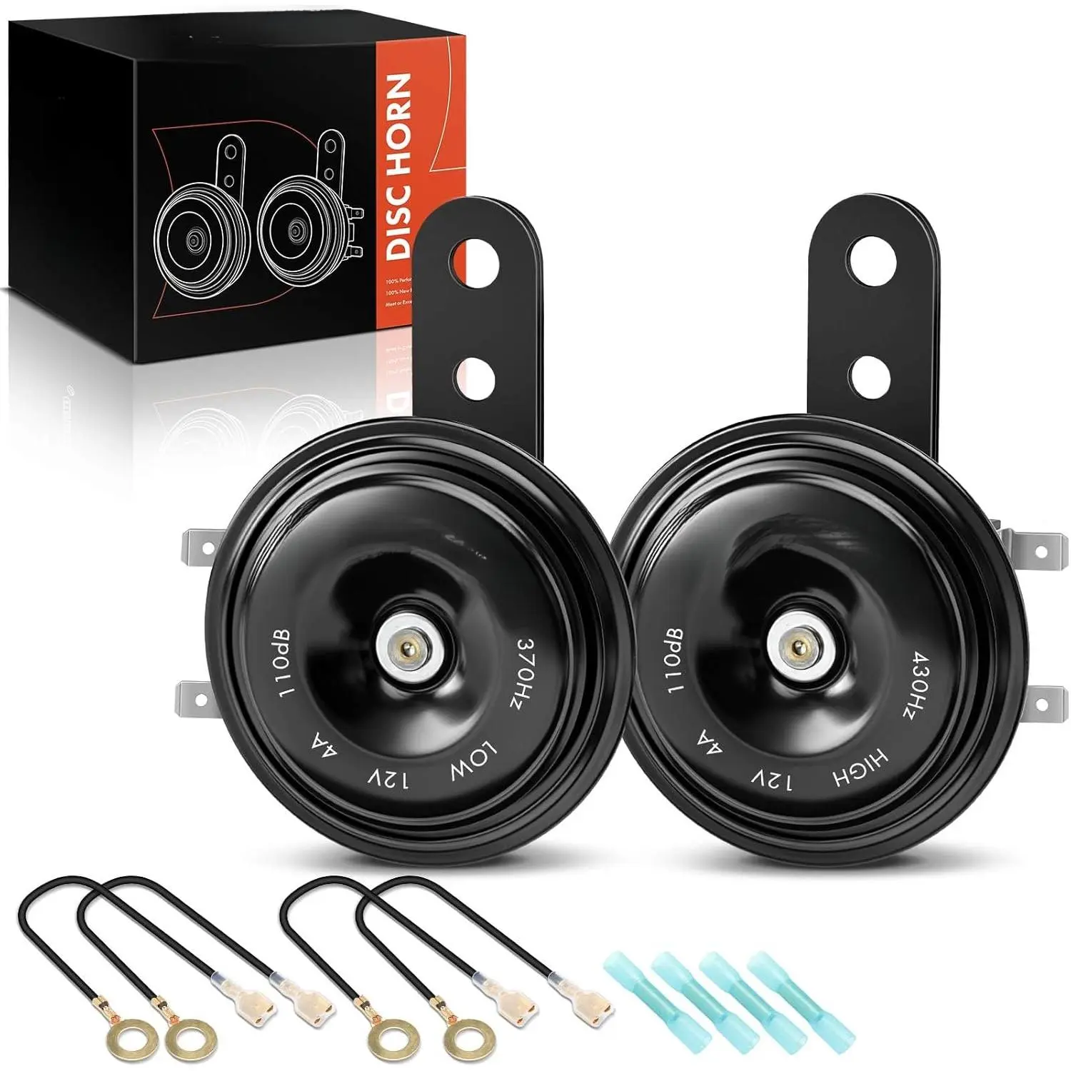 12V Voltage Universal Electric Disc Horns (2PCS) - 76mm, 370 Hz, 110 dB High-Low Tone Metal Body, Easy Install for Passenger Cars, Commercial Vehicles, Dirt Bikes, Mopeds
