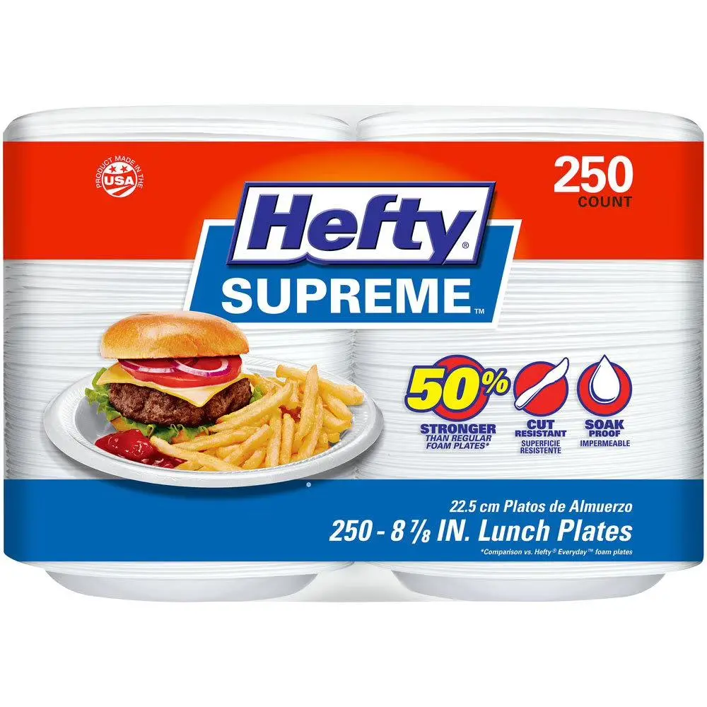 Hefty Supreme Foam Lunch Plates, 8.9 Inches – Heavy-Duty Disposable Plates, 250 Count Pack – Durable & Sturdy for Parties, Events & Everyday Use