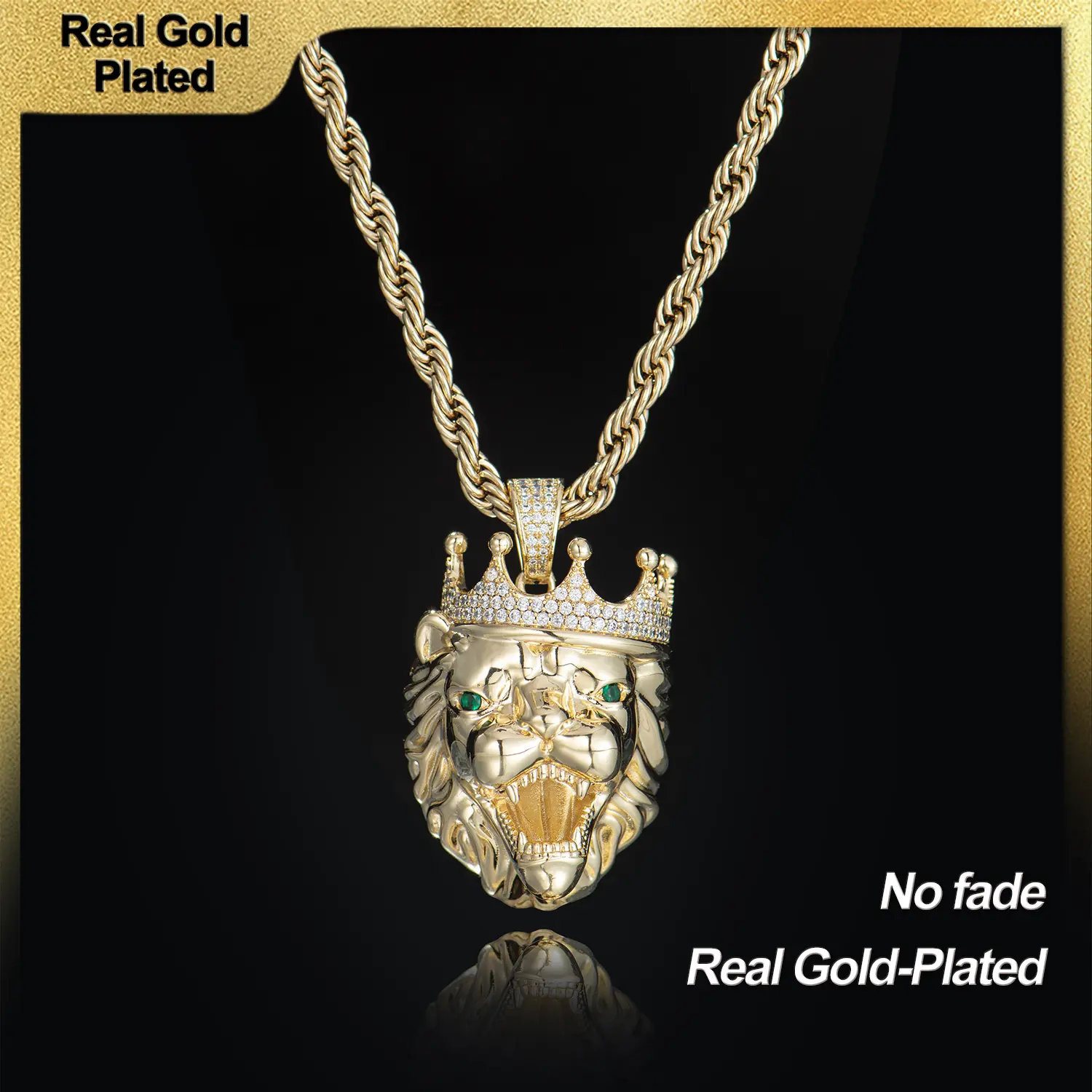Holylegend 14K Gold-Plated Lion Head Pendant Necklace with CZ Diamond Crown, Emerald Eyes,Father's Day Gift Holylegend 14K Gold-Plated Lion Head Pendant Necklace with CZ Diamond Crown, Emerald Eyes,Father's Day Gift