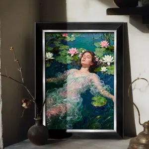 1-Piece 8x12 Inch (Multi-Size) Elegant MDF Wood Frame | Luxury Gold/Silver/Black Large Format Display | Tabletop & Wall Mount Art Print - "Water Lily Lady" Impressionist Oil Painting Style for Living Room, Bedroom, Office Home Decor Home Decor Accessory