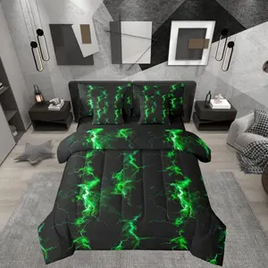Lightning Pattern Black Green Adults 7 Piece Bedding Set,Neon Light Aesthetic Comforter Bed Set with Sheets,Abstract Modern Art Bed Bag,Ombre Bed Set