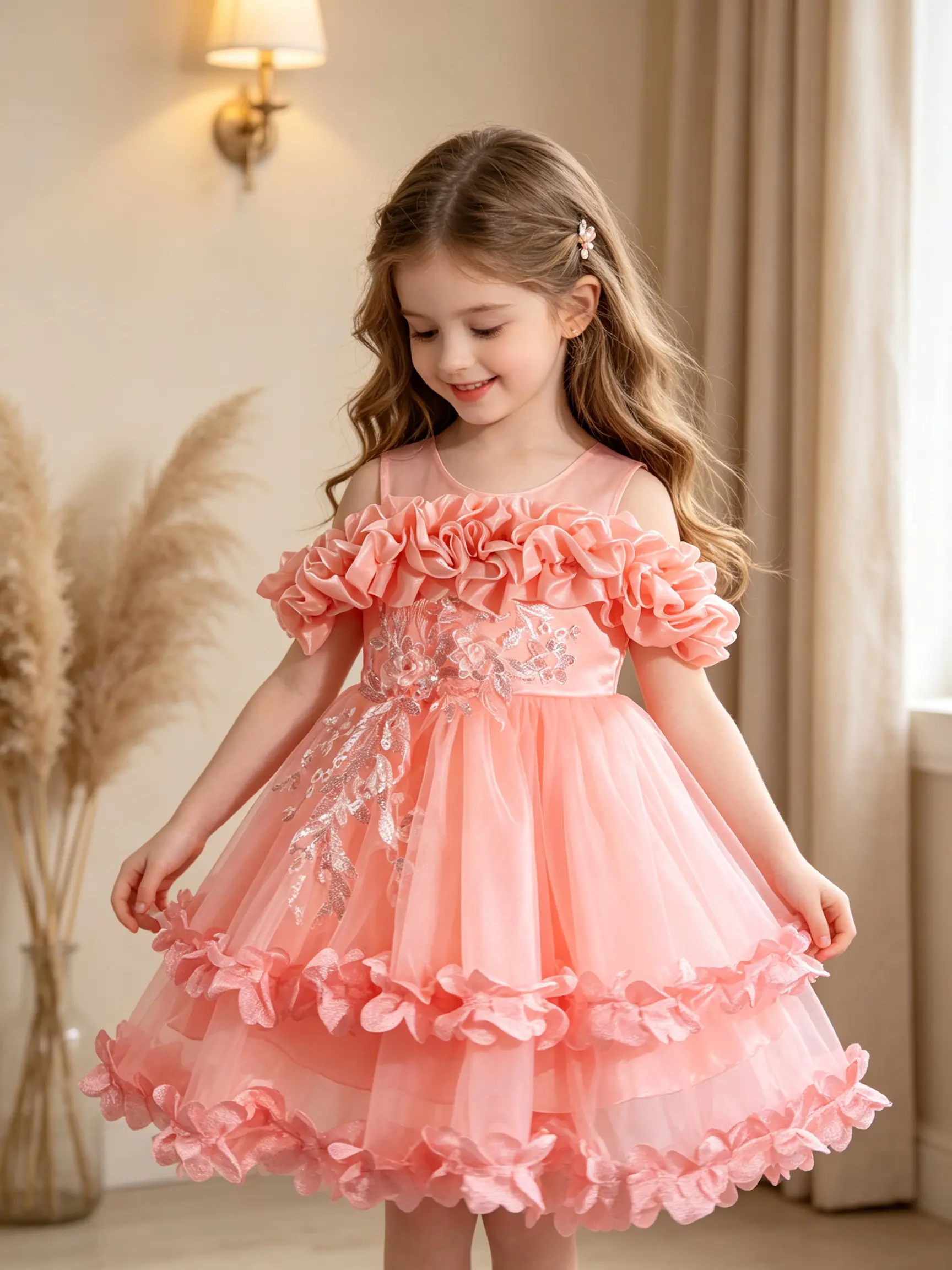 Girls Elegant Off Shoulder Ruffle Princess Tutu Dress | Silver Sequin Embroidery Petal Hem Formal Gown For Birthday Wedding Flower Girl Photoshoot Party Outfit