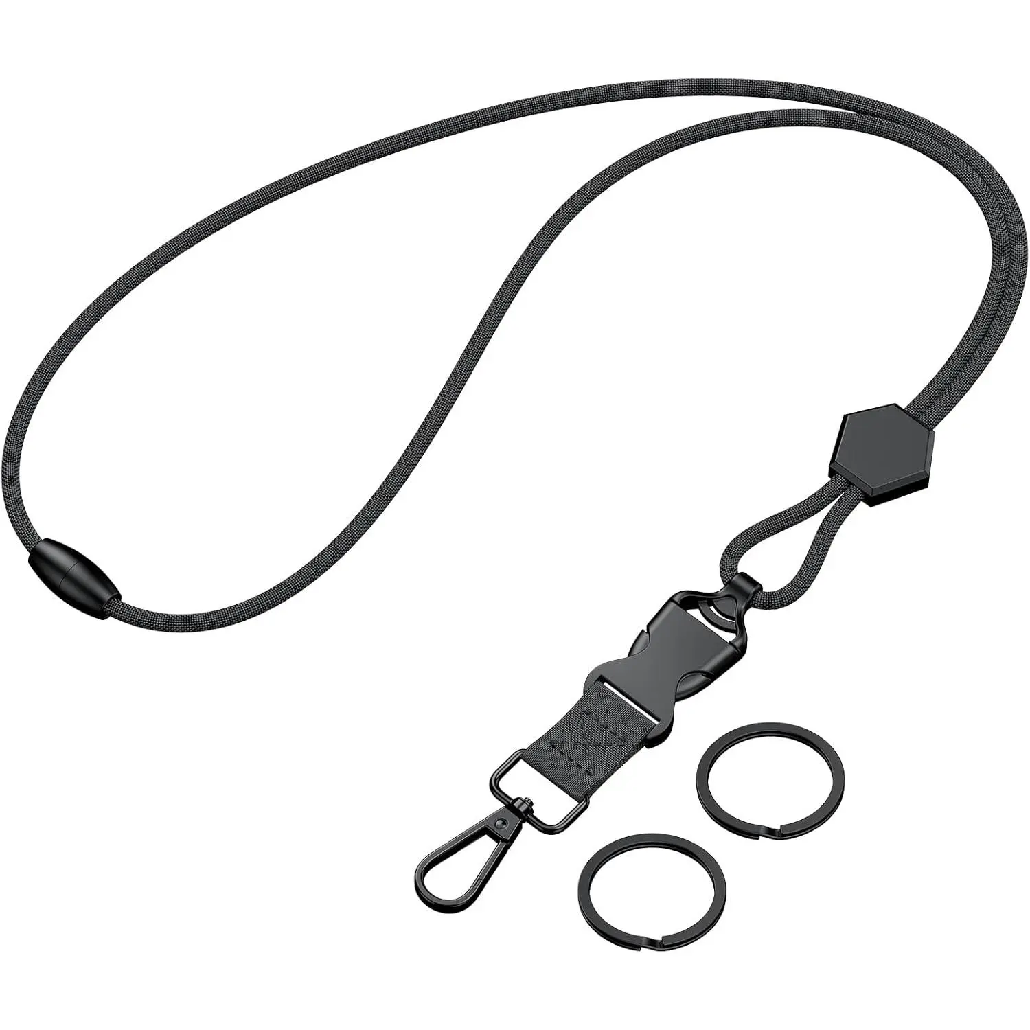 Heavy Duty Polyester Breakaway ID Badge Lanyard for Adults & Trainers, 5 mm Thick Synthetic Round Cord, Functional Safety Breakaway Buckle, Detachable Buckle, 24.5 inches Flexible Length Adjuster, Swivel Hook, Key Rings, Safety Clip, Black