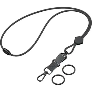 Breakaway Lanyard for ID Badges, Heavy Duty  Lanyard with Safety Breakaway Buckle Detachable Buckle Length Adjuster Swivel Hook & Key Rings, Adjustable Round Cord for , Black