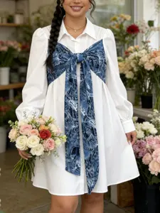 Plus Size Shirt Dress, Stand Collar Bubble Sleeves, Denim Bow Design, Loose Fit, Casual Sweet Cool Style, Daily Wear, Summer, Womenswear