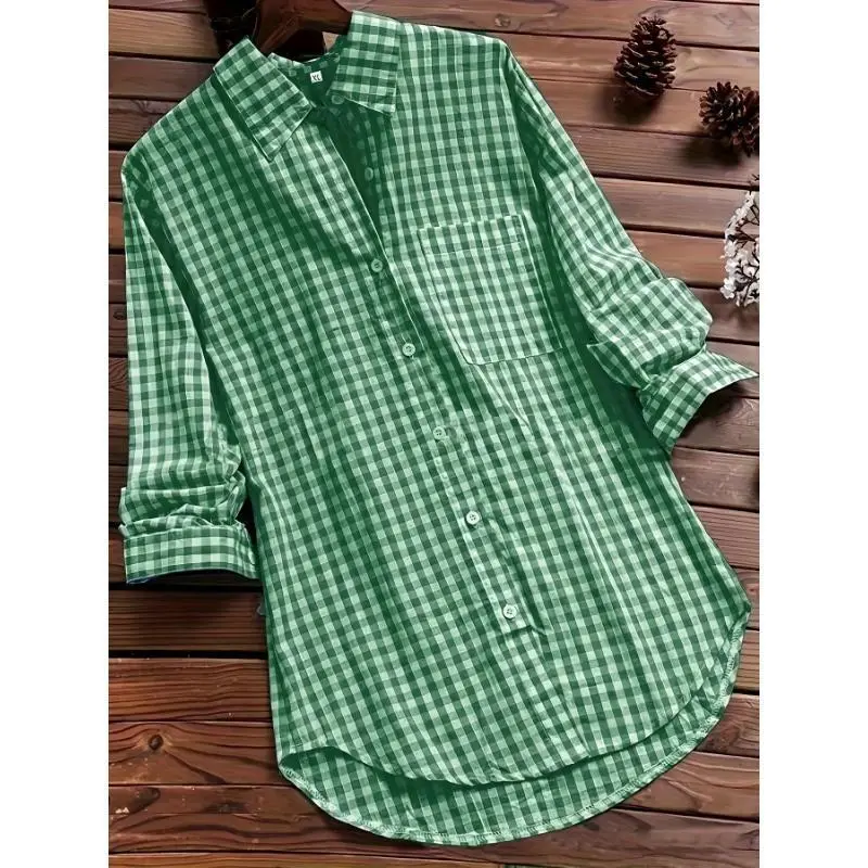 Women Vintage Green Gingham Check Long Sleeve Cardigan Shirt for Women - Polyester Blend, Machine Washable, with Pockets Blouses Fabric Tops Womenswear