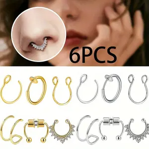 6PCS Fake Nose Rings Septum Set Unisex Stainless Steel Chic Spiral Earrings, No Piercing Needed Jewelry Nose Piercing, Lip Rings Set Golden/Silvery Inlaid Sparkling Cubic Zirconia Nose Ring Set
