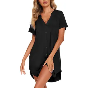 Women V Neck Button Down Nightgown Loungewear Shirt Short Shortsleeve Nightwear Soft Womenswear Homewear Breathable Fabric Fit Elegant Nightie Piece Summer Basic