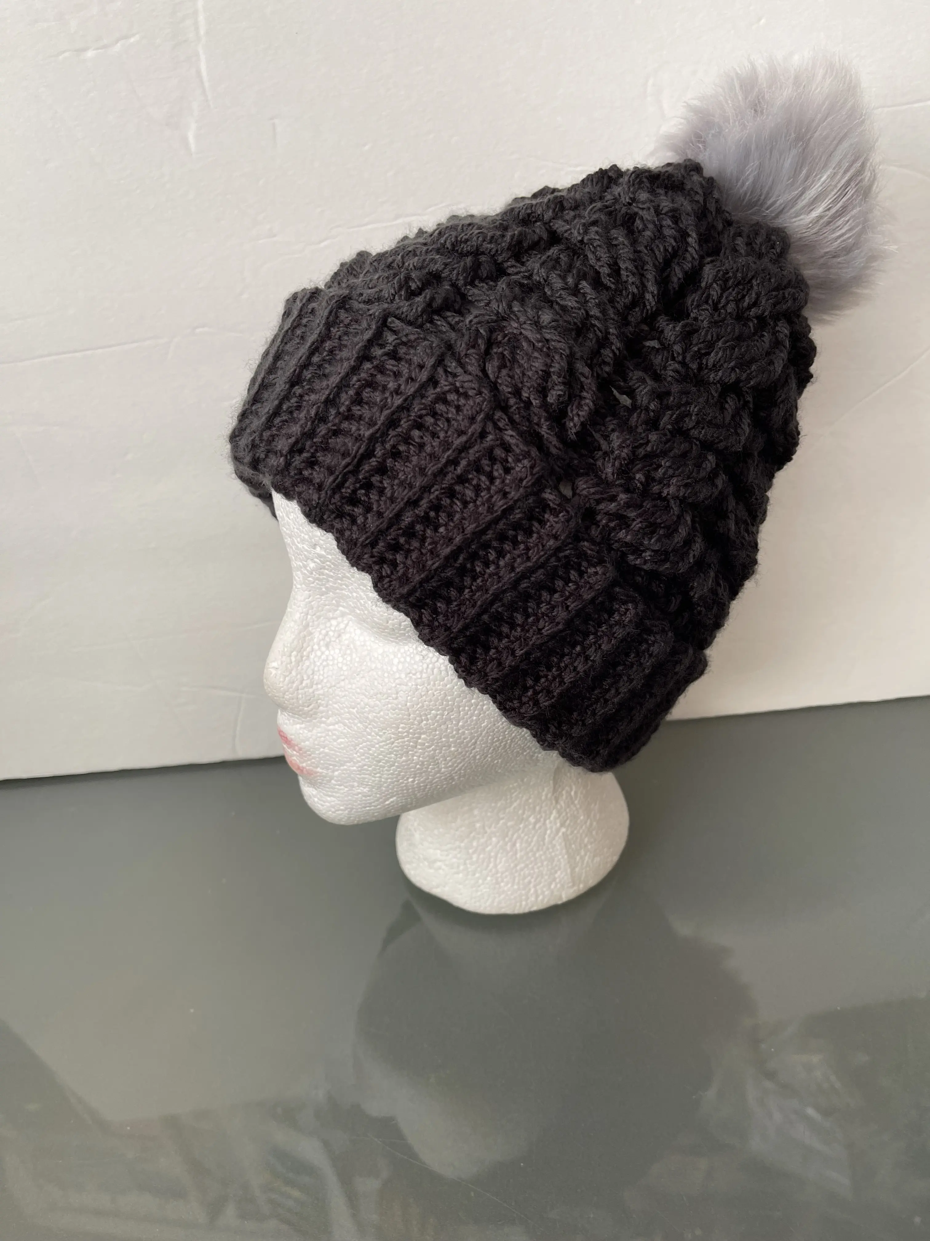 Hand Crocheted Cable Knit Texture Beanie - Black - Sm Adult/ Teen