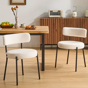 Boucle Modern Upholstered Dining Room Chairs with Curved Back & Black Metal Frame Armless Round Kitchen Living Room Side Chair Mid Century Modern Boucle Arm Chairs