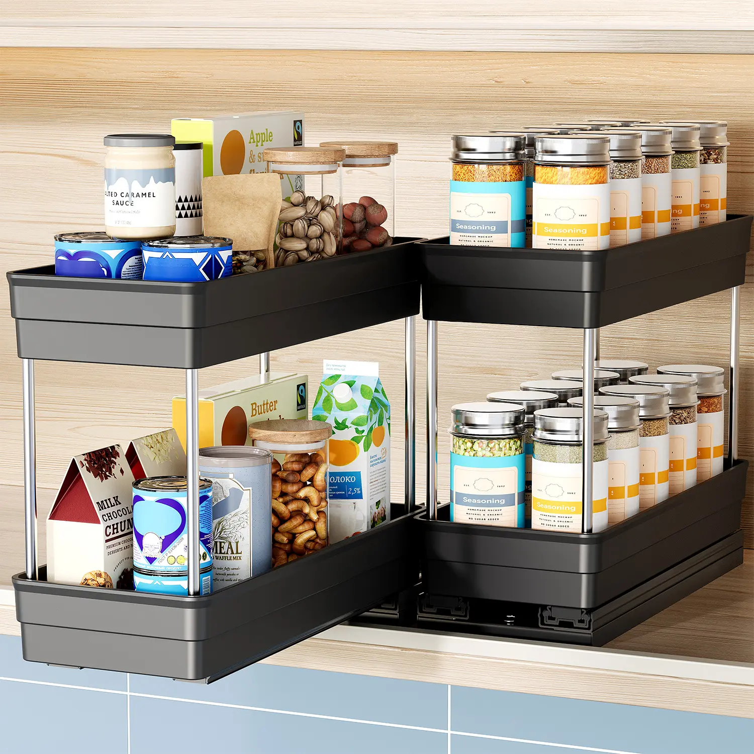 Nieifi 2-Tier Vertical Space-Saving Spice Rack Pull Out for Cabinet - 4.33in Wide, ABS Material, Traditional Durable Steel, 2 Installation Methods, Suitable for Cabinets & Countertops Kitchen Storage Organizer