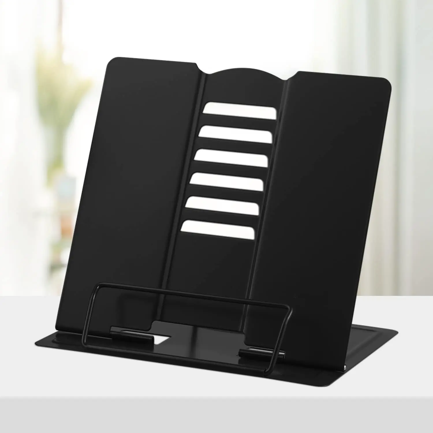 Book Stand Metal Desk Book Holder, Book Holders for Reading Hands Free, Adjustable Cookbook Documents Holder, Portable Bookstand for Music Books, Textbook, Recipe, Tablet, Ipad (Black)