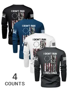 Men's 4-Piece Crew Neck Flag Gun Print Long Sleeve T-Shirt Set, Casual Fitted Design, Breathable Fabric, Ideal for Spring & Fall Outdoor Sports