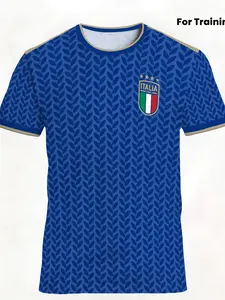 Italy National Team Four-Star Training Football Jersey, Blue Leaf Pattern Breathable Quick-Dry Fan Version, Sporty Slim-Fitting T-Shirt