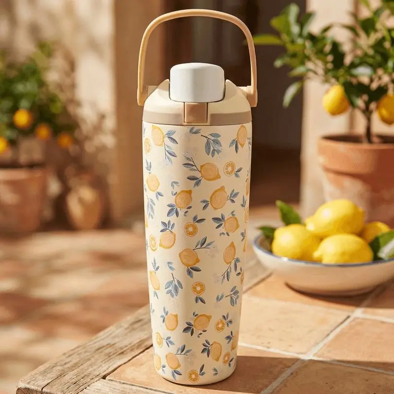 Lemon Floral Travel Water Bottle, Vacuum Insulated Stainless Steel Tumbler, Leakproof Reusable Drink Bottle for Hiking, School & Work