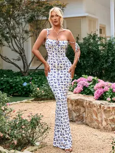 Backless Print Tie Front Mermaid Hem Cami Maxi Dress, Elegant Women's Summer Party Holiday Long Dress