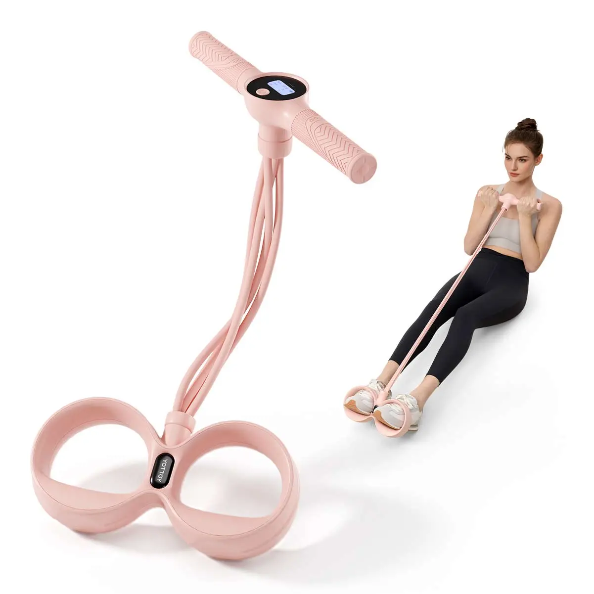 YOTTOY Smart Pedal Puller with Digital Counter - 35 lbs TPR Elastic Compact Full Body Strength Training Equipment, Handle-Equipped Lightweight Gear for Home, Pilates, Pink, Fitness Equipment, Exercise Gear, Yoga, Office, Unisex, Beginners, Working Out Equ