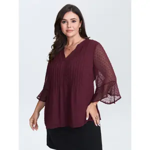Women's Plus Size Chiffon-Polyester Blouse, Smooth Toothpick Pleat Shirts, Neck-Lengthening Clothes, Summer Turn-Up Sleeve Fit Top [M-6X], 2026 Mother's Day Pick