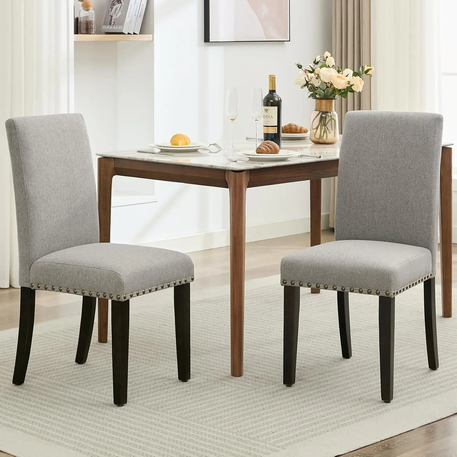 Gaomon 2-Piece Modern Back-Friendly Chic Comfortable Decorative Grey Nailhead Fabric-Upholstered Dining Chairs, Heavy-Duty Wood Legs, Indoor Dining Room Furniture, Modern Dining Chairs, Back-Friendly Dining Chairs