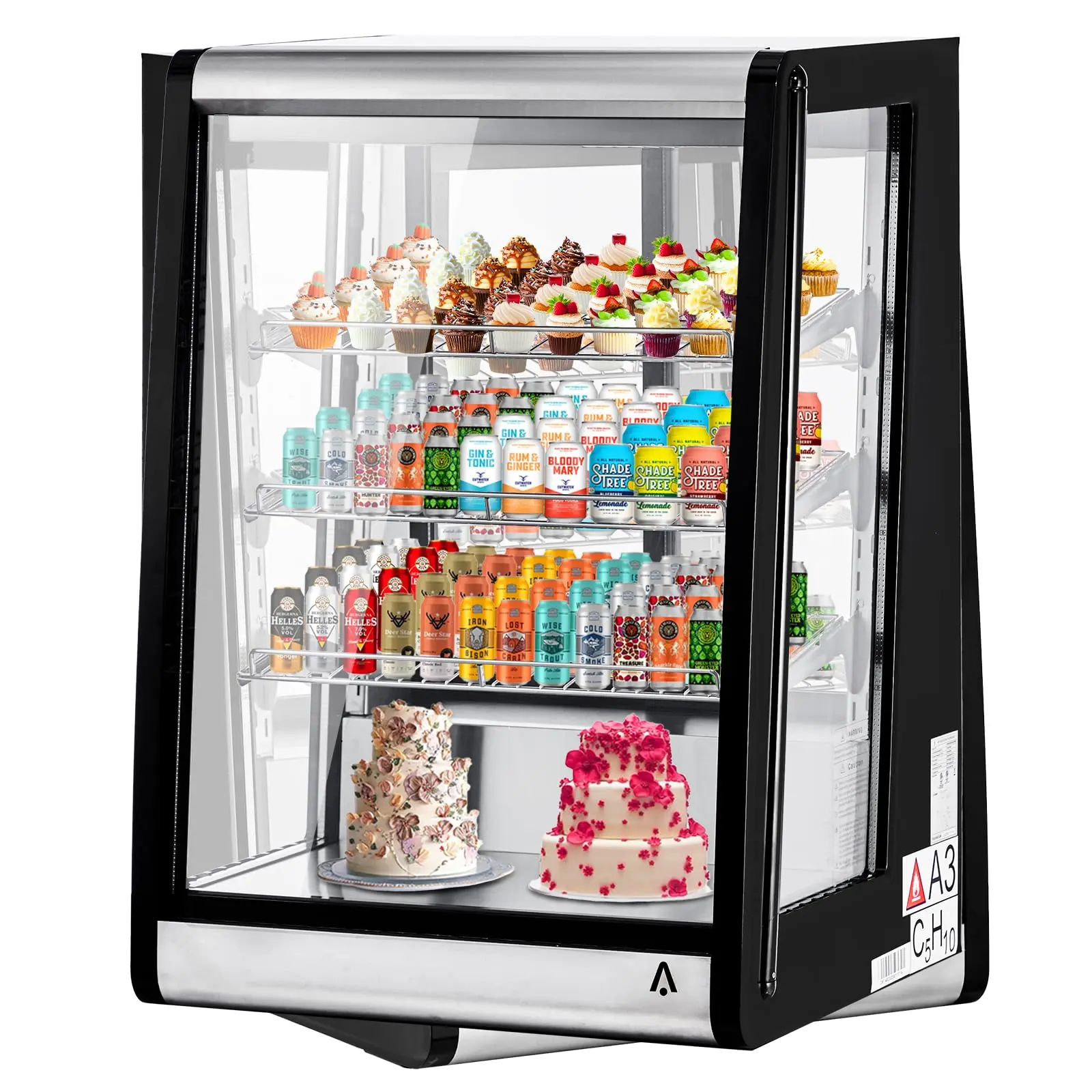 Commercial Display Refrigerator - 146L/5.2 Cu.Ft Tempered Glass Door Beverage Cooler for Food Service Businesses, Offices, Compact Design, Adjustable Shelves, LED Lighting, Digital Temp Control, Double Pane, Energy Efficient Black Countertop Cooler, Compr