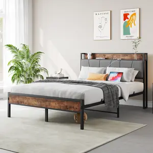 Full Size Bed Frame with Storage Headboard, Upholstered Metal Bedframe with Charging Station, No Box Spring Needed, Strong Steel Slat Support, Noise-Free, Brown