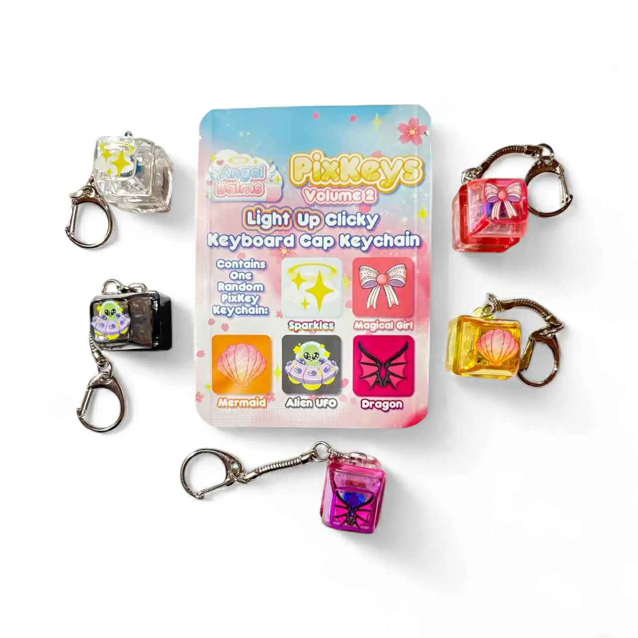 Pixie Keycap Clicky Keychain with RGB Rainbow LED Light BLINDBAG - Anime Magical Girl Kawaii Inspired Fairy Designs