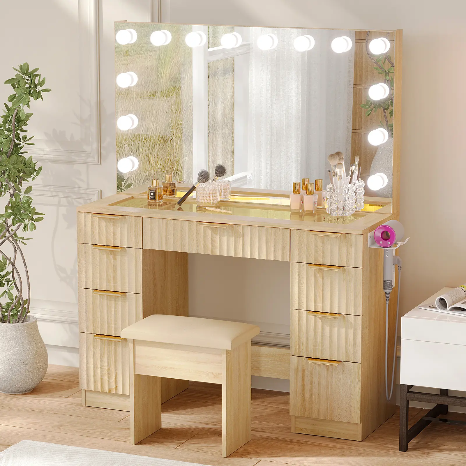 VOWNER Makeup Vanity Table with Full Mirror, 9 Storage Drawers & Glass Top, Wave Series, PowerOutlet Hair Dryer Rack Dressing Table
